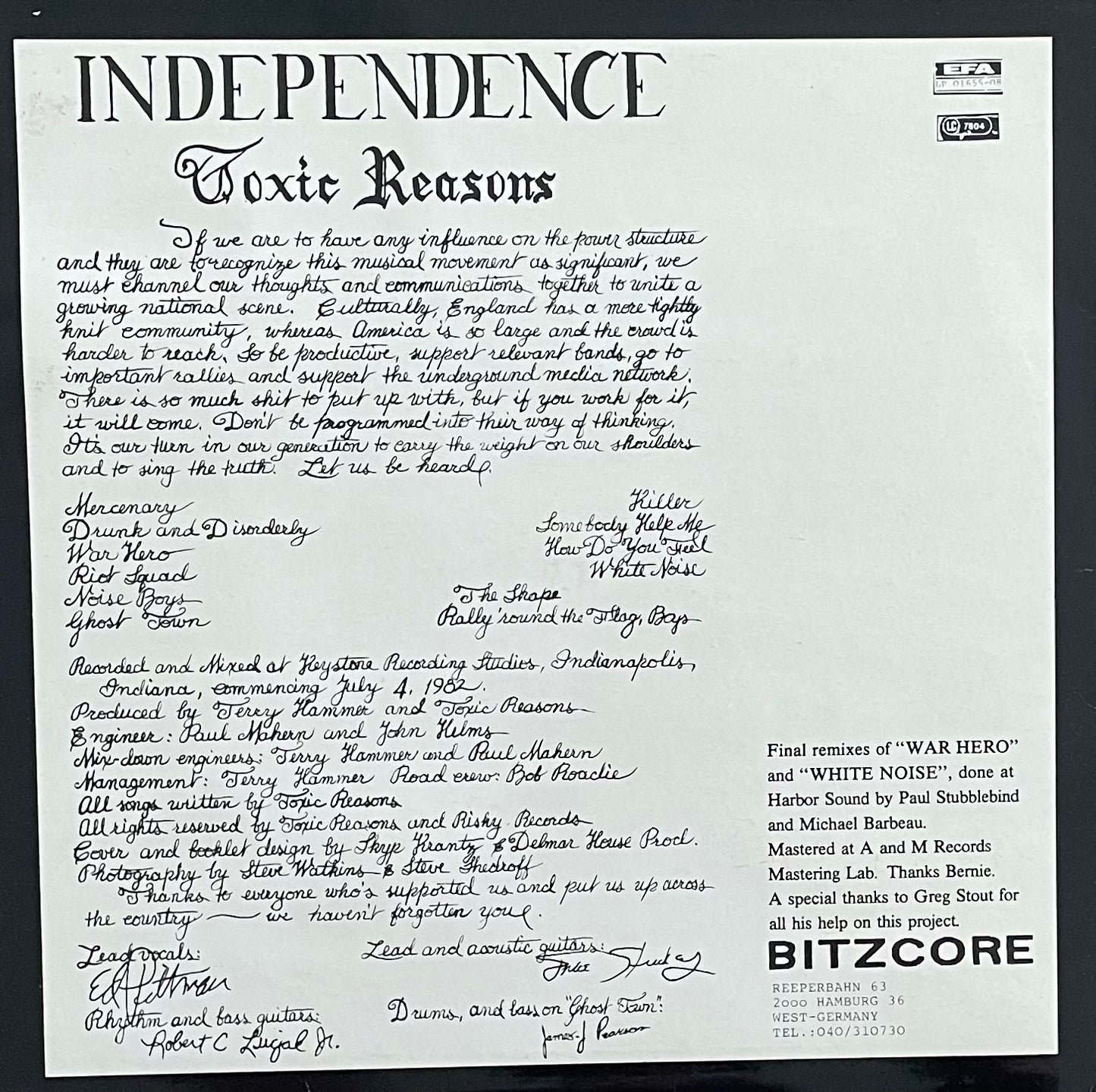 Toxic Reasons – Independence | Reissue GER 1989 | Inkl. Poster