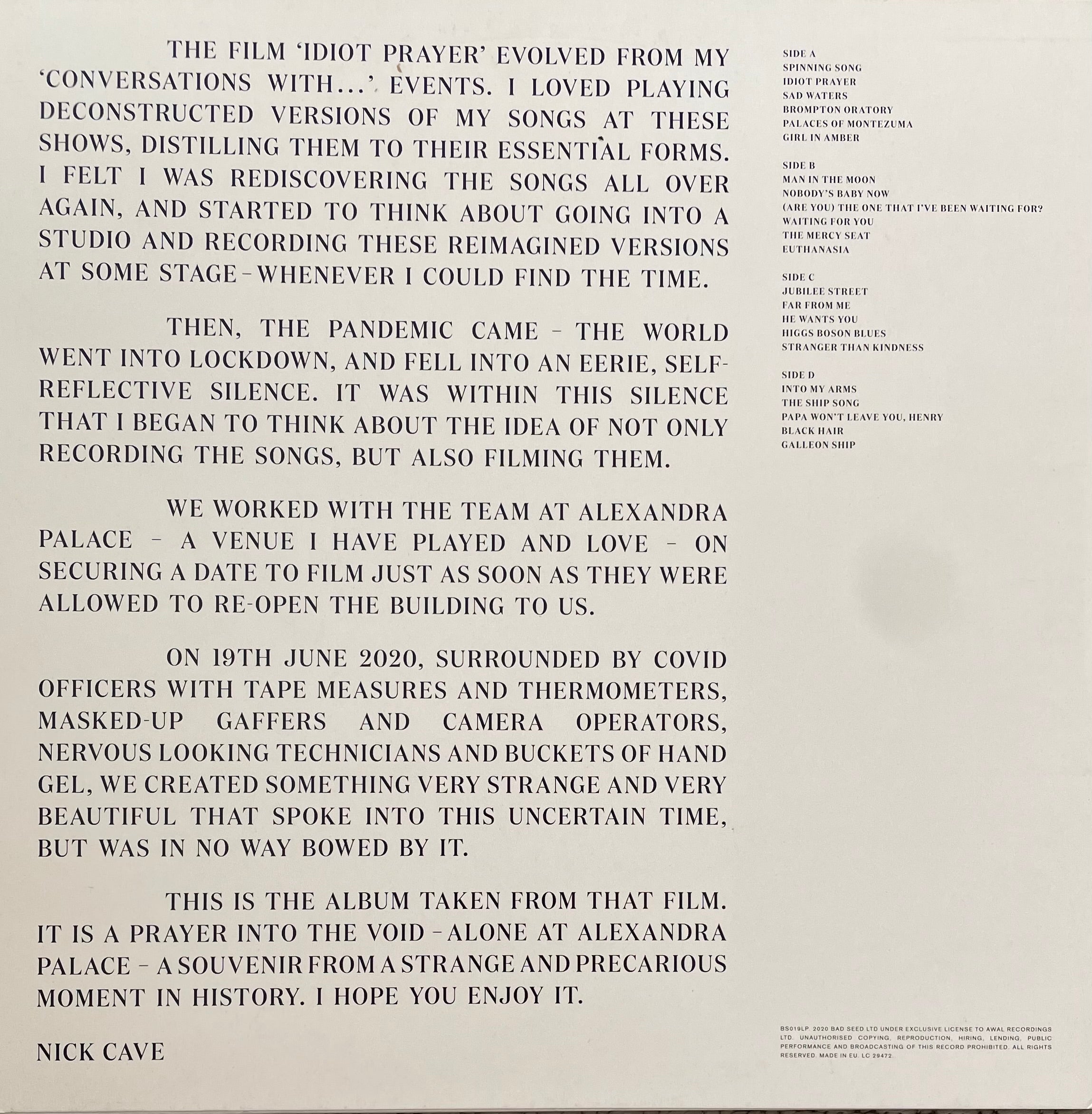 Nick Cave – Idiot Prayer (Nick Cave Alone At Alexandra Palace | Orig. EU 2020
